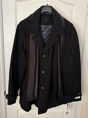 Calvin Klein Black Men's Wool Pea Coat with Attached Scarf
